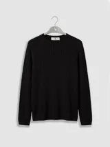 Sweater de algodón negro con diseño de tejido calado, cuello redondo y manga larga.