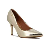 Zapato de tacón alto Vizzano, color dorado metalizado, con punta fina y detalle de aplique metálico con logo en el lateral.