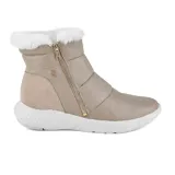 Bota casual deportiva Usaflex Seren color beige con detalle de piel sintética blanca en el borde superior, cierre lateral con cremallera dorada y suela blanca.