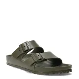 Sandalias Birkenstock modelo Arizona, color verde oliva, con doble tira ajustable con hebillas y plantilla anatómica.