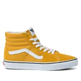 Championes de caña alta Vans SK8-Hi, color amarillo con la franja lateral blanca y suela blanca con línea negra.