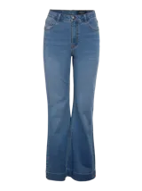 Jean flare de tiro alto de la marca Noisy May, confeccionado en denim de color azul medio con costuras en contraste y diseño ajustado en la cadera con piernas acampanadas.