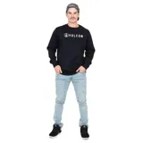 Buzo negro de cuello redondo con logo de Volcom estampado en blanco en el pecho.