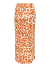 Falda midi de lino y viscosa con estampado geométrico en tonos naranja y blanco, y abertura lateral.