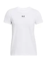 Remera deportiva Under Armour Campus Core SS de color blanco, manga corta y cuello redondo, con pequeño logo impreso en el centro del pecho.