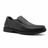 Zapato de vestir tipo mocasín para hombre, color negro, con diseño de costuras reforzadas en el empeine y paneles elásticos laterales para mayor comodidad.