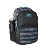 Mochila Rip Curl Evo de 24 litros, color negro con estampado tribal en tonos azules y grises. Cuenta con un compartimento principal, un bolsillo frontal con cierre y un bolsillo lateral de malla para botella. El logo de Rip Curl está estampado en azul en la parte superior.
