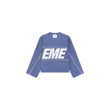 Buzo de cuello redondo Eme Studios en color azul, con diseño de paneles invertidos, líneas blancas decorativas y un gran estampado frontal con el texto "EME" en color blanco.