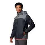 Campera impermeable Columbia modelo Glennaker Lake Jkt Omni-Shield, en color negro y gris, con capucha ajustable que se guarda en el cuello, cierre frontal y bolsillos con cierre.