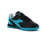 Championes de fútbol Diadora Barrica Futbol TF Teen, color negro con detalles en turquesa y blanco.