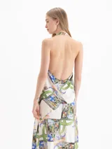 Top de cuello halter, sin mangas, con estampa multicolor de cactus y flores.