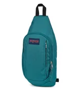 Morral tipo bandolera JanSport, color azul marino, con diseño ergonómico de una sola correa ajustable, compartimento principal con cierre y bolsillo frontal con logo de la marca.