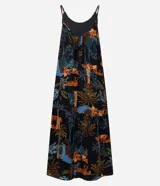 Vestido largo negro con estampado tropical y de animales, de corte evasé, tirantes finos regulables y escote en U.