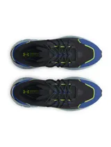 Championes Under Armour Fat Tire Venture Pro, diseñados para terrenos difíciles. Presentan una parte superior de tejido ripstop negro con refuerzos de gamuza en azul y detalles en verde neón. Cuentan con amortiguación reactiva UA HOVR y una suela de caucho con tacos de tracción profunda para un agarre superior.