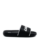 Chancletas Umbro modelo Ilo para hombre, color negro con tira ancha texturizada, bordes blancos y logo de la marca estampado en el empeine.
