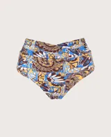 Calzón de bikini con cintura alta cruzada y estampado abstracto en tonos marrón, amarillo y celeste.