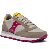 Championes Saucony Jazz Original de dama, color beige con detalles en fucsia, amarillo y marrón.