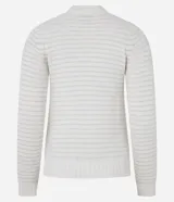 Buzo slim de chenille rayado color gris, con cuello redondo y manga larga. Presenta aberturas laterales e hilo metalizado. Marca Blue Steel, colección Primavera/Verano 2025.