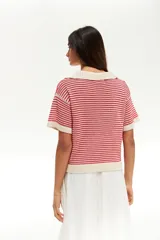 Remera tejida a crochet a rayas horizontales rojas y crudas, con cuello polo y mangas cortas.