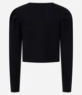 Cardigan de punto negro con cuello redondo, mangas largas abullonadas y cierre frontal con botones decorativos en forma de flor dorada. Presenta un corte corto y ajustado.