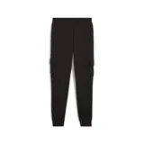 Pantalón de jogging negro con bolsillos cargo laterales, logo de Puma estampado en blanco en el muslo izquierdo y puños elásticos.