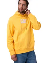 Buzo canguro amarillo de felpa con capucha y cordones de ajuste, bolsillo tipo canguro frontal, puños y dobladillo acanalados, y logotipo de CAT bordado en blanco en el pecho.