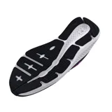 Championes de running Under Armour Charged Pursuit 3, color negro con logo y detalles en violeta, entresuela blanca con tecnología Charged Cushioning y capellada de malla.