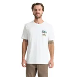 Remera blanca de manga corta con pequeño estampado frontal de palmera y texto de la marca Roark.