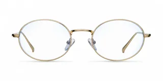 Lentes blueblocker modelo Oni, con armazón ovalado de acero inoxidable color dorado y cristales transparentes con protección contra la luz azul y UV400.