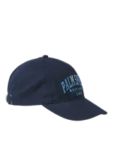 Gorra de béisbol azul marino con bordado frontal de la inscripción "Palm Spring West Coast Jack & Jones 1990" en color celeste.