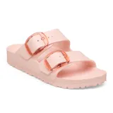 Sandalias Birkenstock modelo Arizona Big Buckle de material EVA color rosado claro, con dos correas ajustables y hebillas grandes traslúcidas.