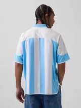 Camiseta de fútbol estilo retro de la selección argentina, con diseño de rayas verticales blancas y celestes. Presenta cuello polo, mangas cortas y el texto 'Argentina' estampado en el pecho junto a una pequeña bandera nacional. Incluye etiqueta oficial de FIFA Classics en el ruedo.