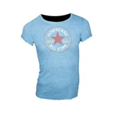 Remera celeste jaspeada de corte clásico, con cuello redondo y mangas cortas. Estampado frontal con el logo de Converse All Star en rojo y amarillo.