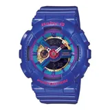 Reloj Casio Baby-G con caja y correa de resina color azul vibrante. Presenta una esfera analógica y digital con múltiples detalles en tonos turquesa, dorado y rojo. Muestra la hora (6:30), el día (SUN) y tiene marcadores de función alrededor del bisel.