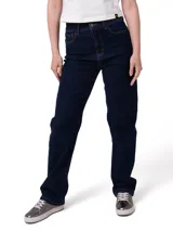 Jeans de denim azul índigo de tiro alto y corte recto, con diseño clásico de cinco bolsillos y costuras en contraste.