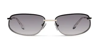 Lentes de sol estilo envolvente con montura metálica plateada y cristales rectangulares de bordes redondeados con efecto degradado.