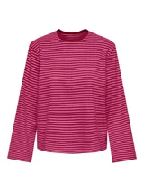 Top de manga larga amplia con diseño de rayas horizontales en tonos fucsia y bordó, con cuello redondo.