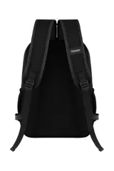 Mochila negra con detalles en blanco y gris. Cuenta con múltiples compartimentos con cierre, tiradores de cierre con cordones blancos y negros, un bolsillo frontal con solapa y un parche redondo con la frase "You Can Do It".