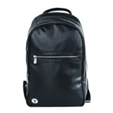 Mochila negra de cuero sintético con doble cierre plateado y logo de la marca en la parte inferior.