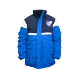 Campera puffer azul con detalles en blanco y azul marino, con el escudo del Club Nacional de Football en el pecho.