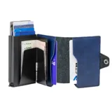 Billetera de cuero azul con compartimentos para tarjetas y cierre con broche.