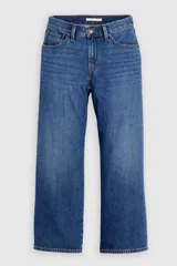 Jeans de mezclilla azul con diseño wide leg, tiro medio y corte al tobillo.