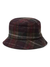 Gorro tipo bucket color marrón y beige con patrón de cuadros, confeccionado en tejido estructurado.