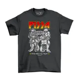 Remera de algodón color gris oscuro con estampa frontal de las Tortugas Ninja comiendo pizza y texto alusivo.