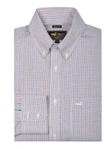 Camisa de manga larga RKF con estampado de cuadros pequeños en tonos azul, rojo y blanco. Presenta cuello button-down, cierre frontal con botones, bolsillo en el pecho con logo bordado y puños abotonados.