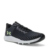 Championes de entrenamiento Under Armour Charged Engage 2, color negro con detalles en gris y verde lima. Presentan un diseño de malla transpirable con refuerzos laterales y suela de goma con amortiguación Charged Cushioning.