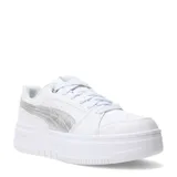 Championes Puma modelo Rebound Low con plataforma, color blanco con detalle de logo lateral en plateado metalizado. Diseño de caña baja con cordones y suela de goma gruesa.