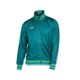 Campera deportiva Umbro color verde azulado con cuello alto, cierre frontal con cremallera, puños y cintura acanalados a rayas verdes, blancas y azules. Logo de Umbro bordado en el pecho.