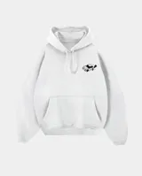 Canguro con capucha de corte oversize, color blanco, con bolsillo frontal tipo canguro y pequeño estampado gráfico de un auto en el pecho.