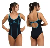 Malla enteriza de natación Arena, modelo Tania Clip Back Swimsuit, de color negro con costuras y detalles en turquesa. Cuenta con tirantes finos, escote redondo y el logo de la marca estampado en el pecho.